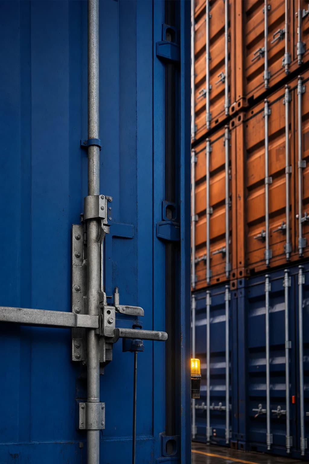 Close-up of shipping containers and an operational locking mechanism